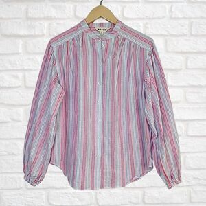 Boden Top 4 Gray Neon Stripe‎ Cotton Button Front Band Collar Oversized Shirt